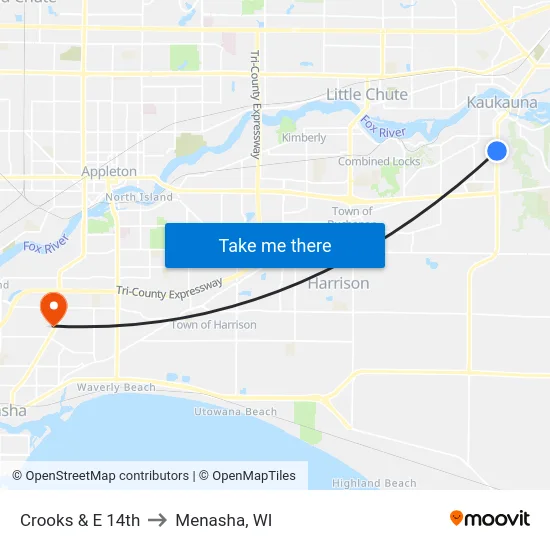 Crooks & E 14th to Menasha, WI map