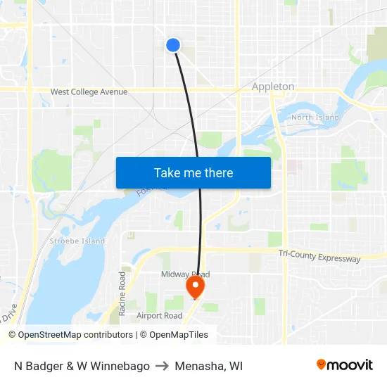 N Badger & W Winnebago to Menasha, WI map