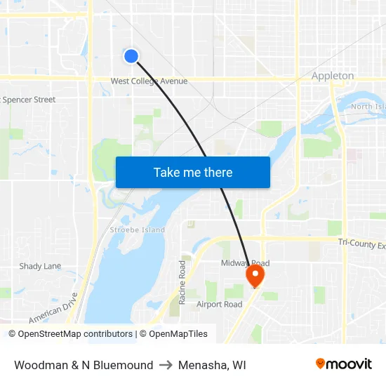 Woodman & N Bluemound to Menasha, WI map