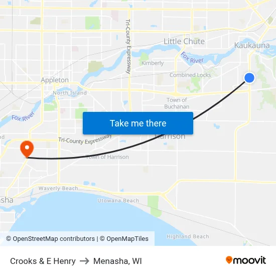 Crooks & E Henry to Menasha, WI map