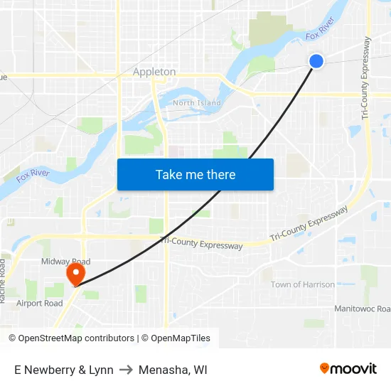 E Newberry & Lynn to Menasha, WI map