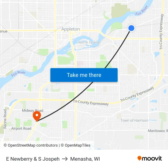E Newberry & S Jospeh to Menasha, WI map