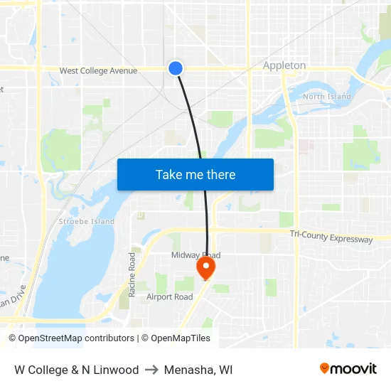 W College & N Linwood to Menasha, WI map