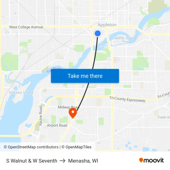 S Walnut & W Seventh to Menasha, WI map