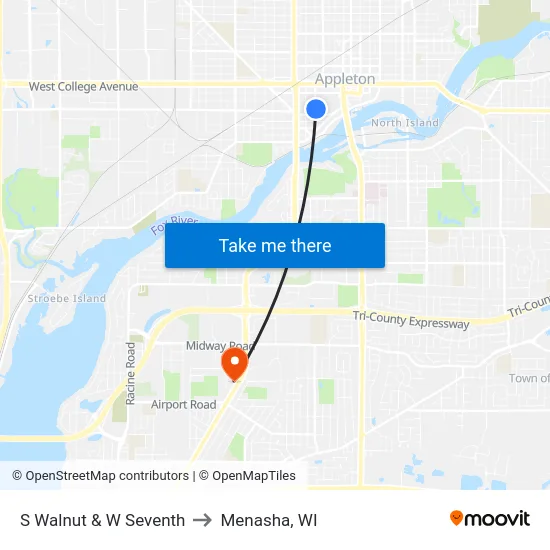S Walnut & W Seventh to Menasha, WI map