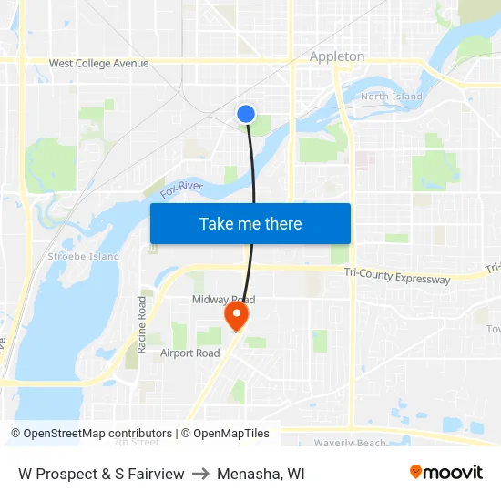 W Prospect & S Fairview to Menasha, WI map
