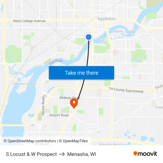 S Locust & W Prospect to Menasha, WI map