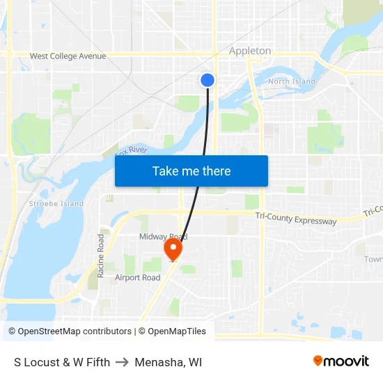 S Locust & W Fifth to Menasha, WI map