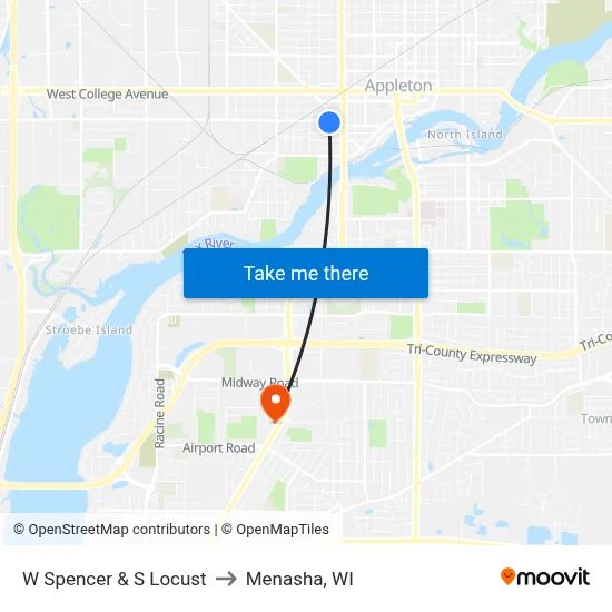 W Spencer & S Locust to Menasha, WI map