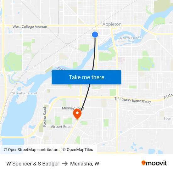 W Spencer & S Badger to Menasha, WI map