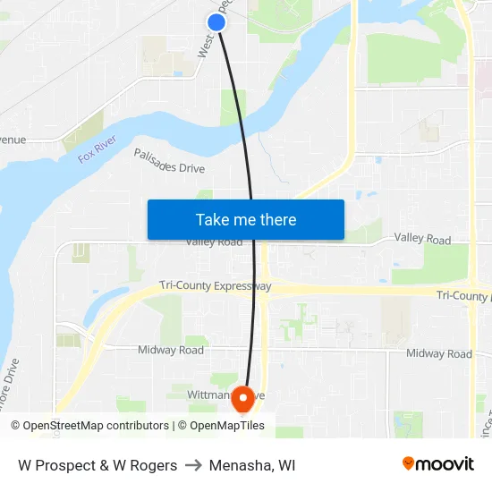 W Prospect & W Rogers to Menasha, WI map