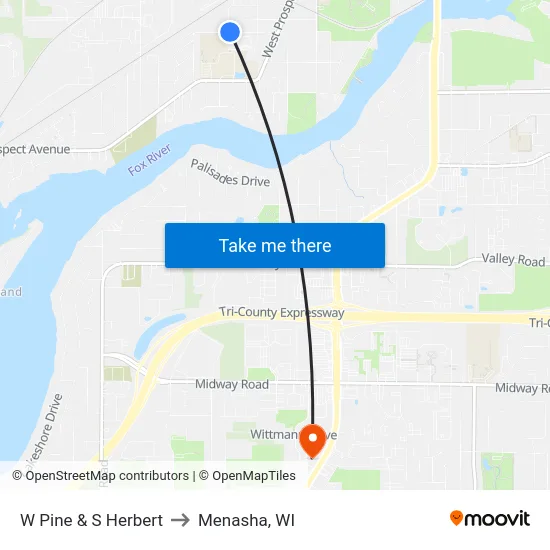 W Pine & S Herbert to Menasha, WI map