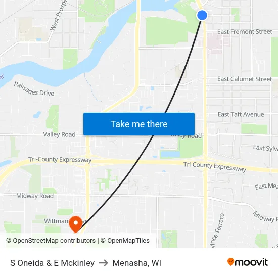 S Oneida & E Mckinley to Menasha, WI map