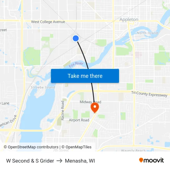 W Second & S Grider to Menasha, WI map