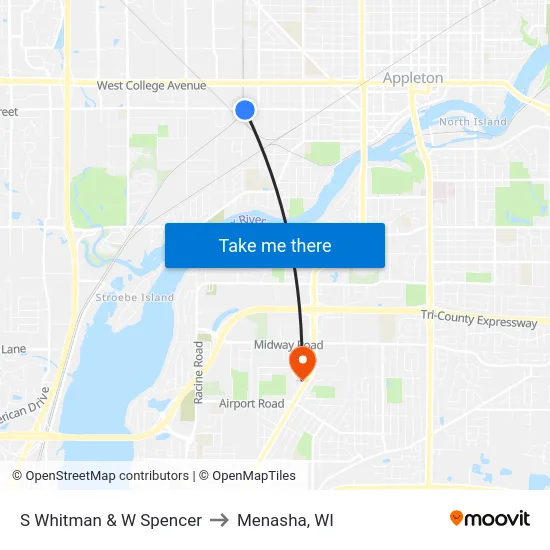 S Whitman & W Spencer to Menasha, WI map