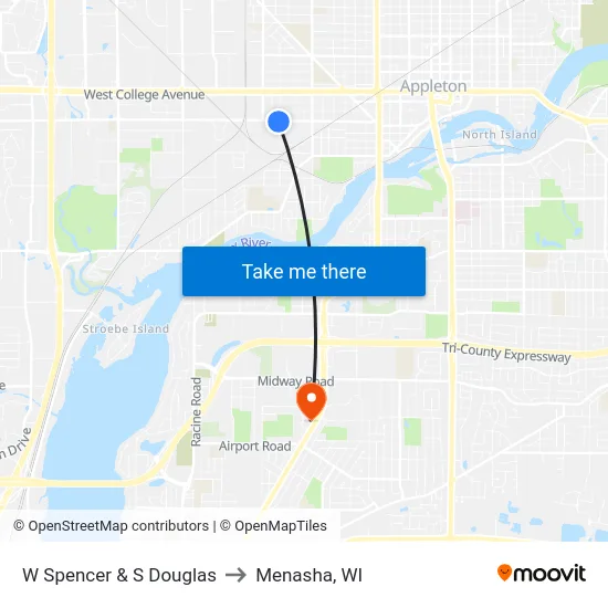 W Spencer & S Douglas to Menasha, WI map