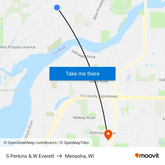 S Perkins & W Everett to Menasha, WI map