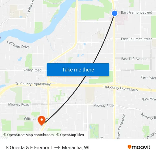 S Oneida & E Fremont to Menasha, WI map