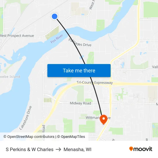 S Perkins & W Charles to Menasha, WI map