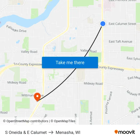 S Oneida & E Calumet to Menasha, WI map