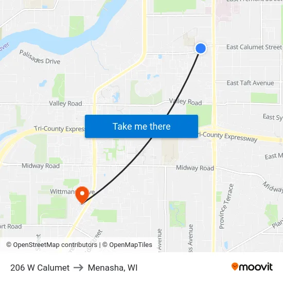 206 W Calumet to Menasha, WI map
