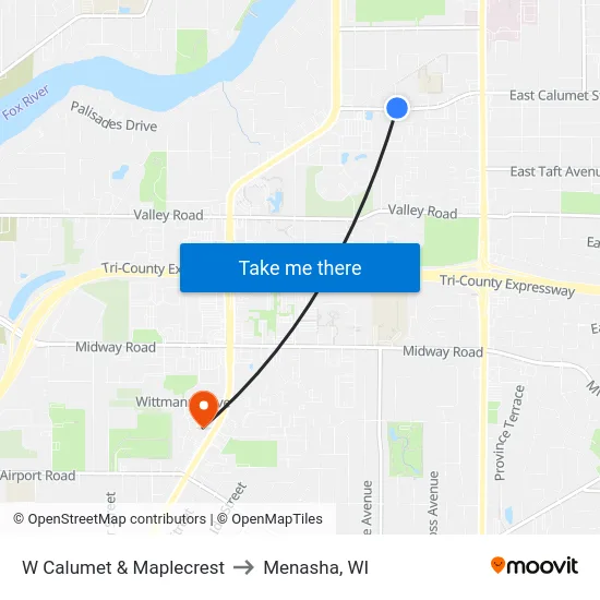 W Calumet & Maplecrest to Menasha, WI map