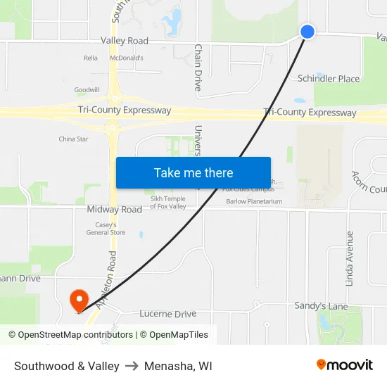 Southwood & Valley to Menasha, WI map