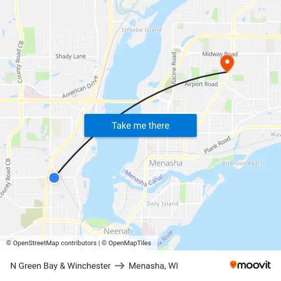 N Green Bay & Winchester to Menasha, WI map