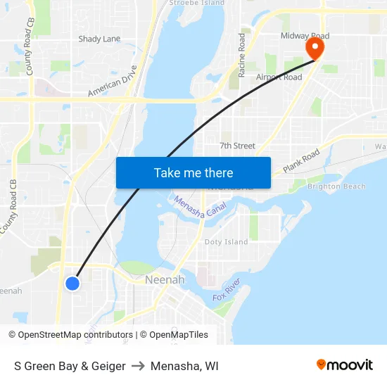 S Green Bay & Geiger to Menasha, WI map