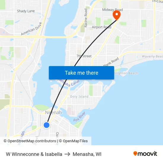 W Winneconne & Isabella to Menasha, WI map
