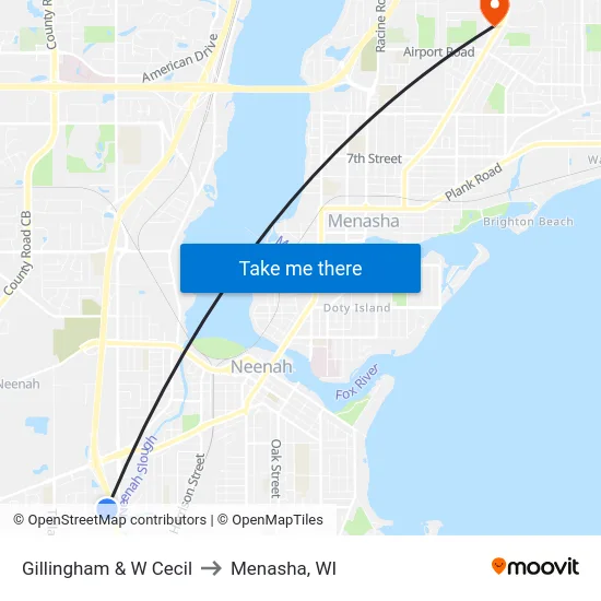 Gillingham & W Cecil to Menasha, WI map