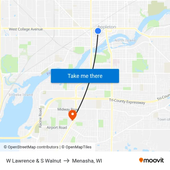 W Lawrence & S Walnut to Menasha, WI map