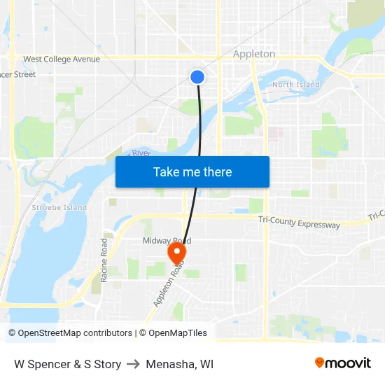 W Spencer & S Story to Menasha, WI map