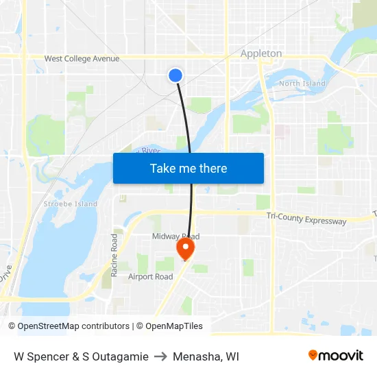 W Spencer & S Outagamie to Menasha, WI map