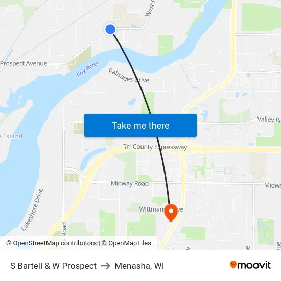 S Bartell & W Prospect to Menasha, WI map