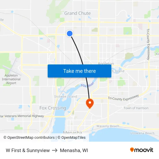 W First & Sunnyview to Menasha, WI map