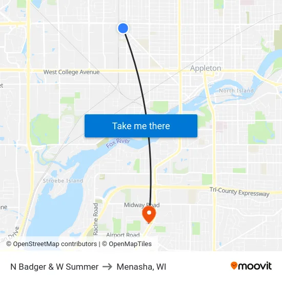N Badger & W Summer to Menasha, WI map