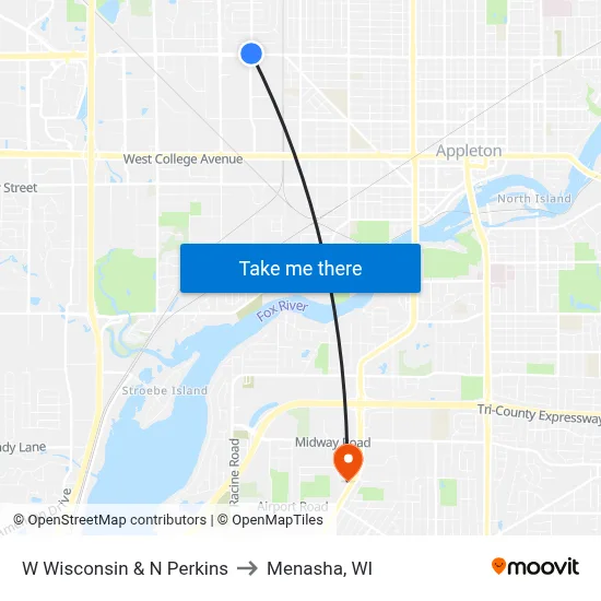 W Wisconsin & N Perkins to Menasha, WI map