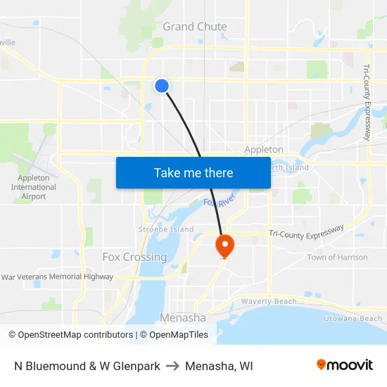 N Bluemound & W Glenpark to Menasha, WI map