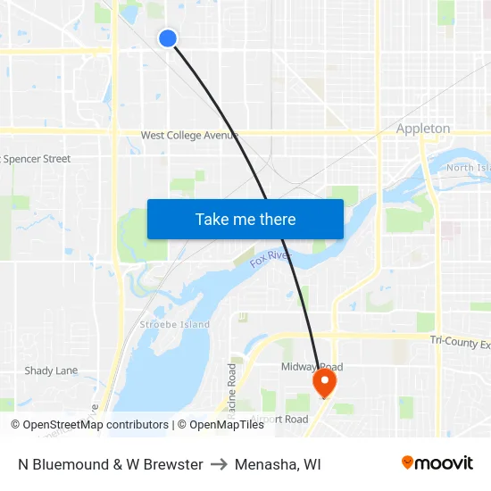 N Bluemound & W Brewster to Menasha, WI map
