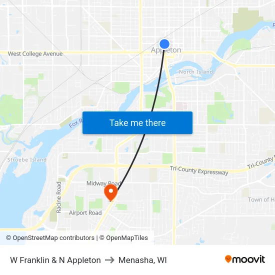 W Franklin & N Appleton to Menasha, WI map