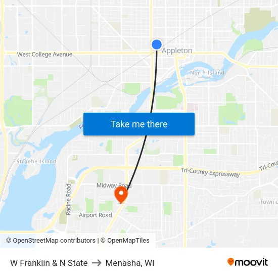 W Franklin & N State to Menasha, WI map