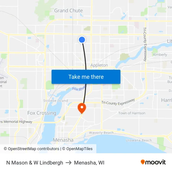 N Mason & W Lindbergh to Menasha, WI map