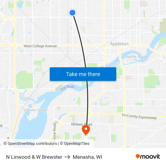 N Linwood & W Brewster to Menasha, WI map