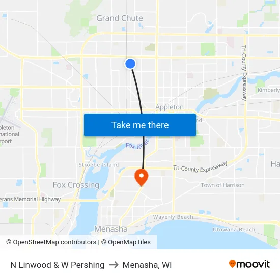 N Linwood & W Pershing to Menasha, WI map
