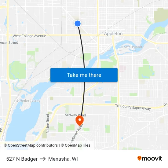 527 N Badger to Menasha, WI map