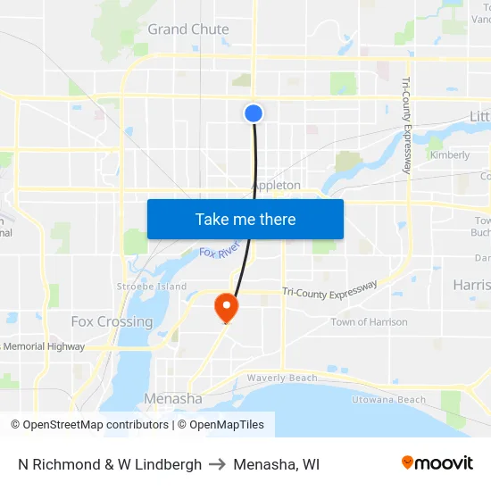 N Richmond & W Lindbergh to Menasha, WI map