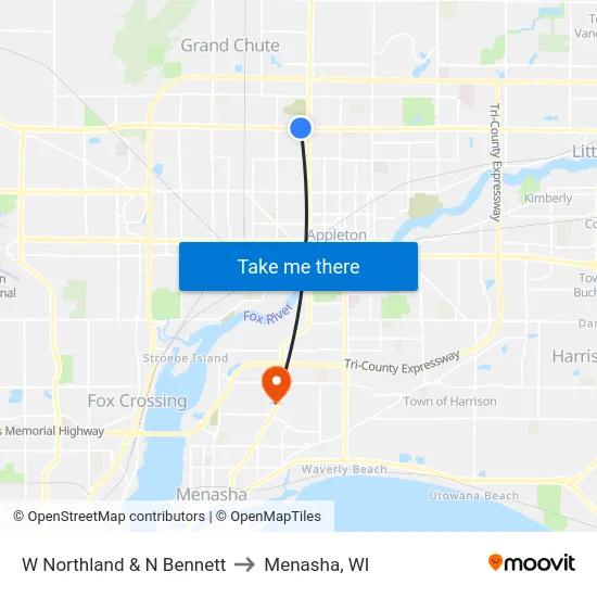 W Northland & N Bennett to Menasha, WI map