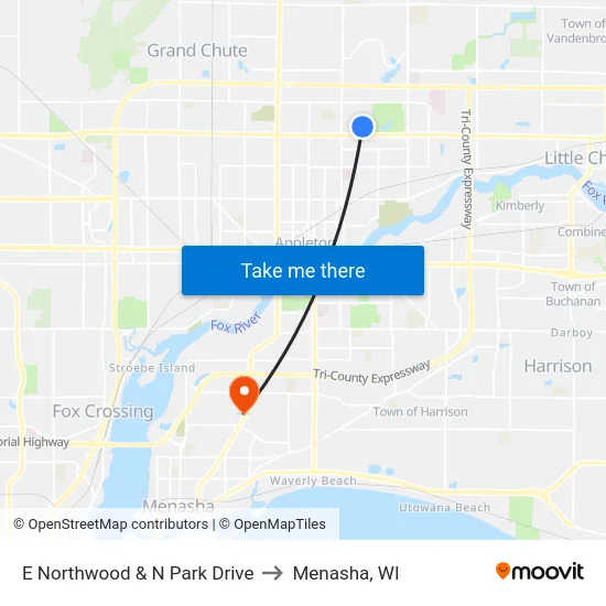 E Northwood & N Park Drive to Menasha, WI map