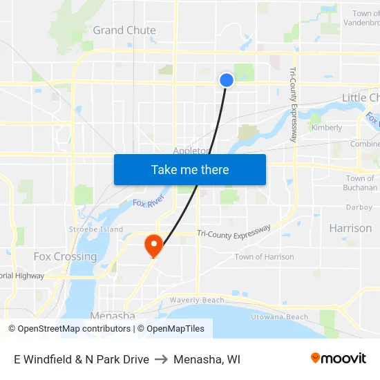 E Windfield & N Park Drive to Menasha, WI map